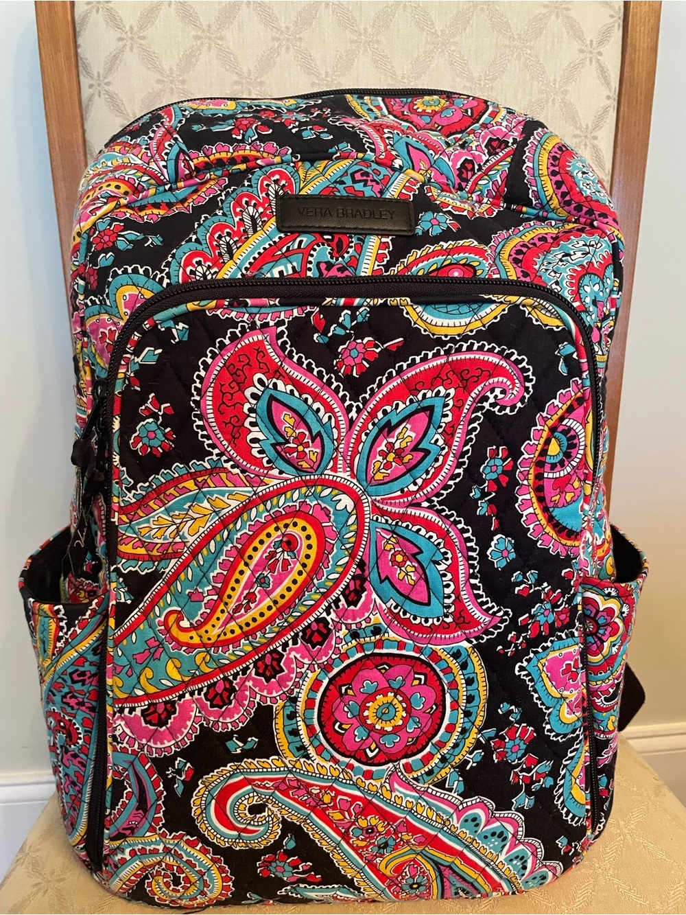 Vera Bradley Black Multi Paisley Backpack with Pink & Turquoise Accents